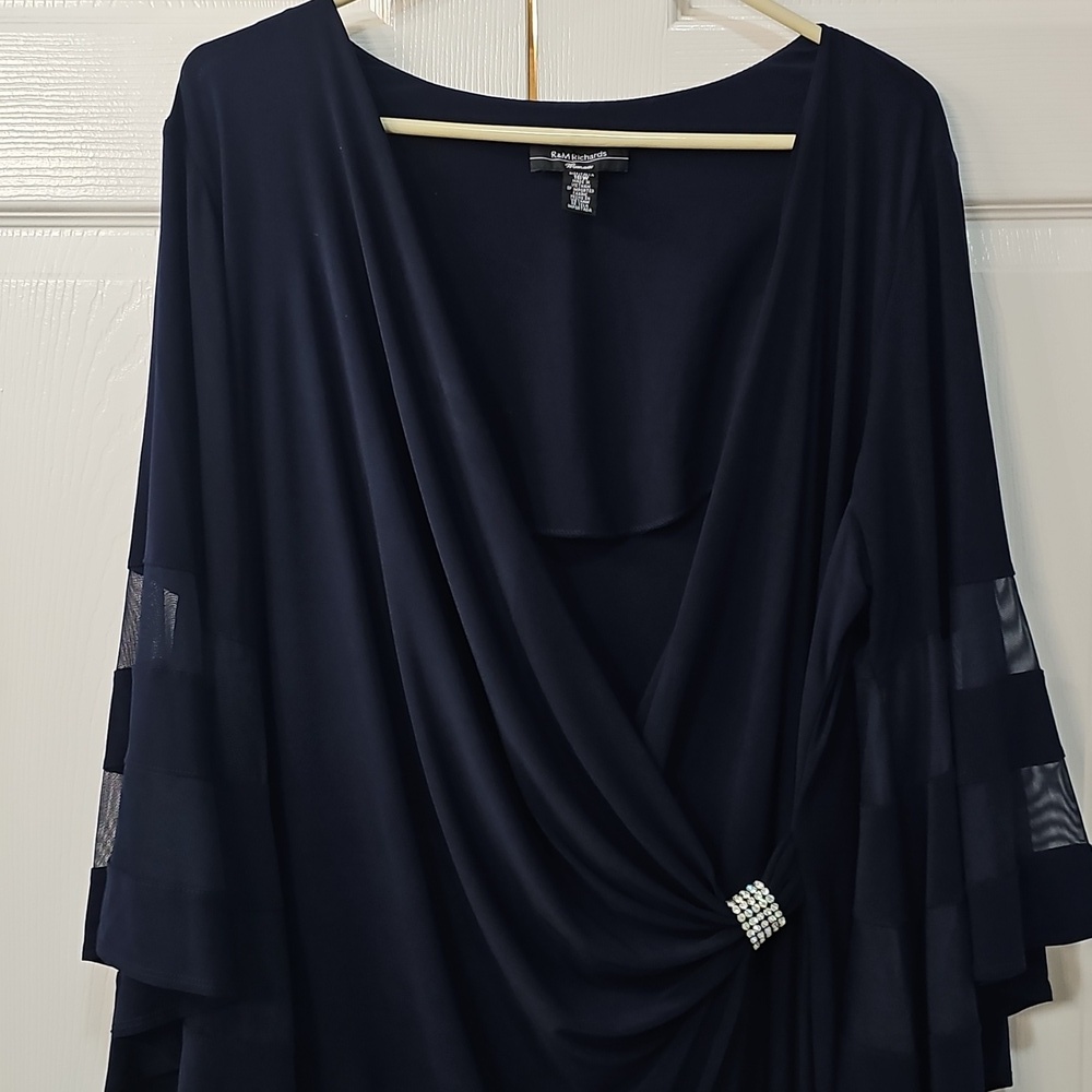 NWT 18W R&M Richards Navy Rhinestone Faux Wrap Belle Sleeve Dress Wedding Dressy - Picture 8 of 15